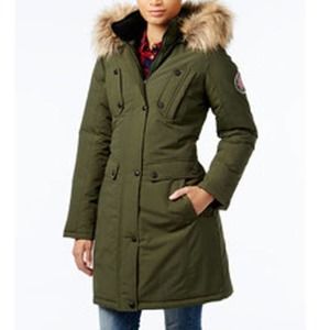 Madden Girl Women's Faux Fur Trim Hooded‎ Parka Jacket with Pockets Size S Green